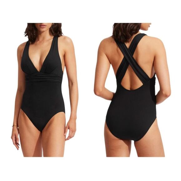 Seafolly Collective Crisscross One-Piece Swimsuit Black Size 8 NWOT $168 MSRP - Picture 1 of 5